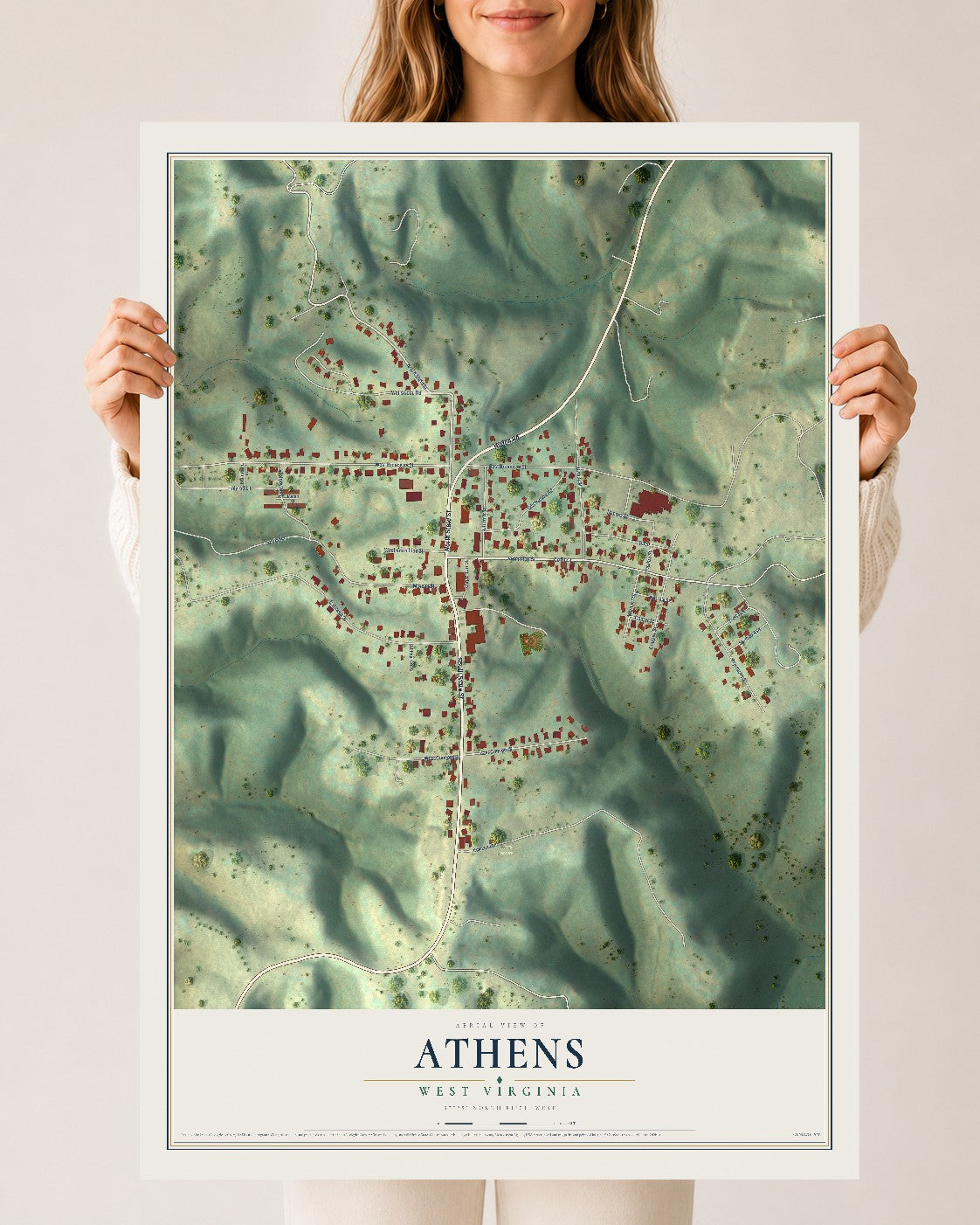 Map of Athens, West Virginia, 24 x 36 inch unframed archival matte print