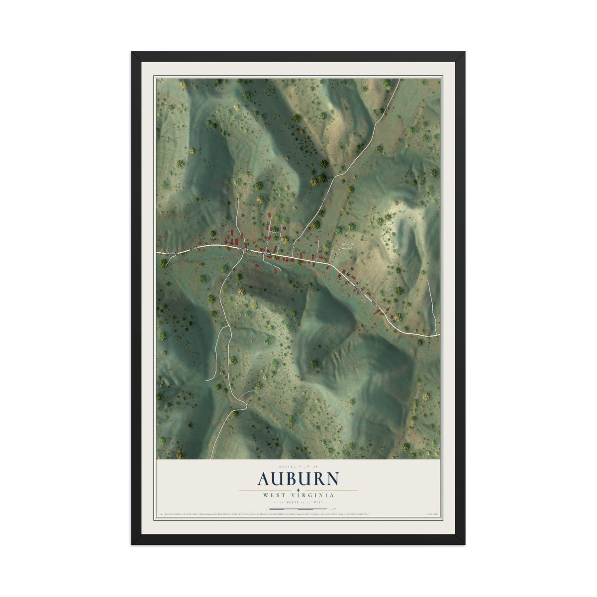 Map of Auburn, West Virginia, 12 x 18 inch print in a black wood frame