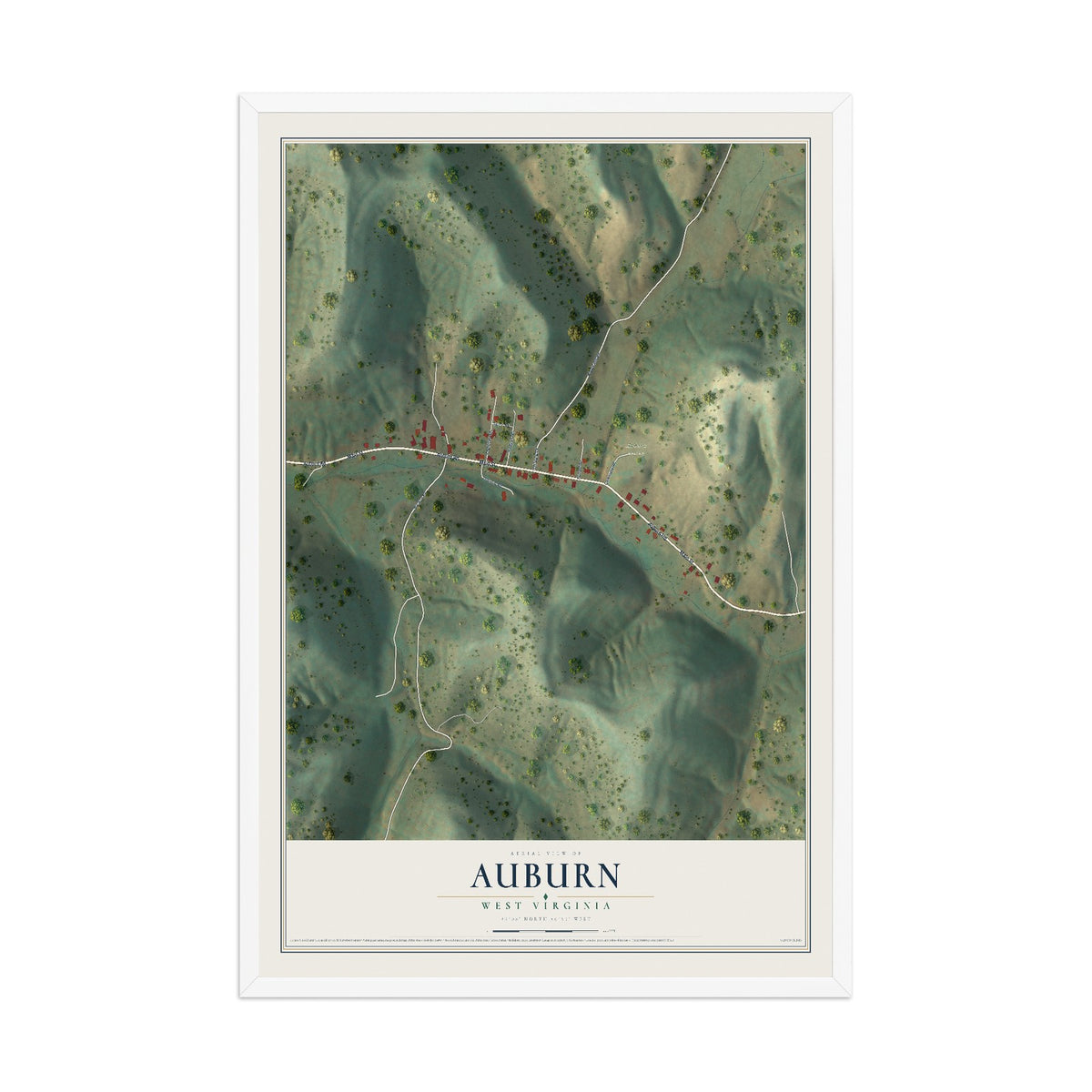 Map of Auburn, West Virginia, 12 x 18 inch print in a white wood frame