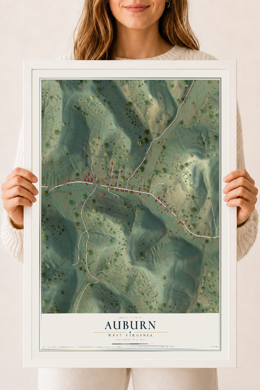 Map of Auburn, West Virginia, 18 x 24 inch print in a white wood frame