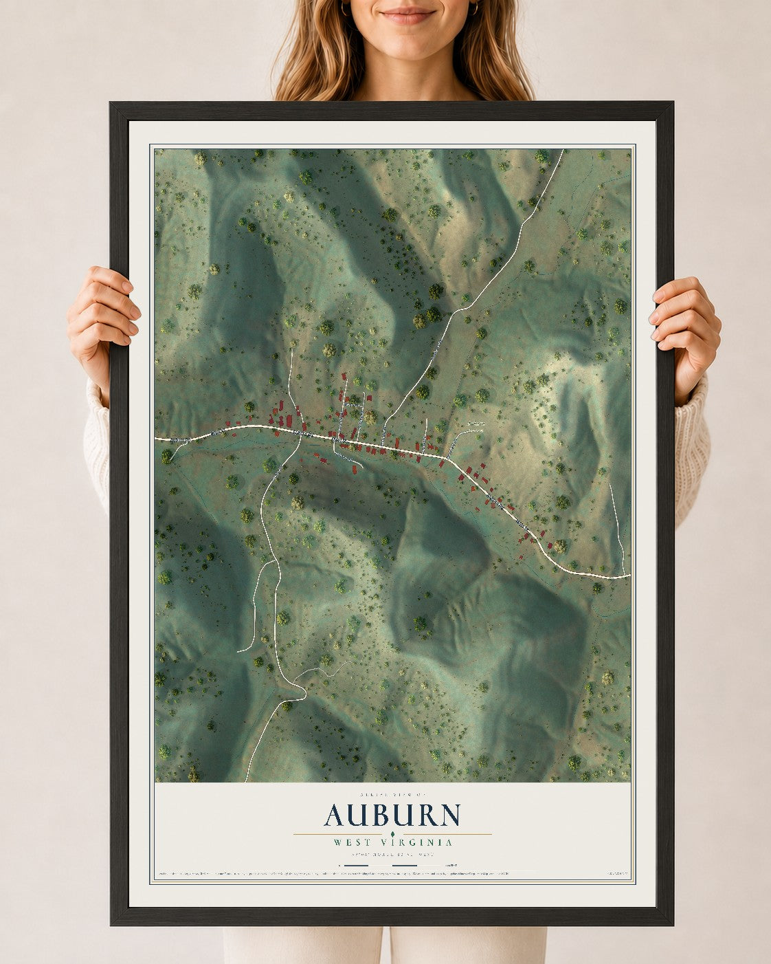 Map of Auburn, West Virginia, 24 x 36 inch print in a black wood frame