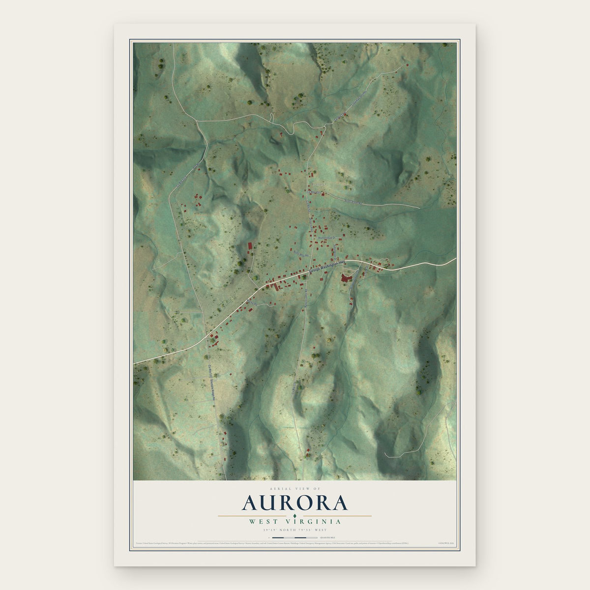 Aurora, West Virginia map print, the full design