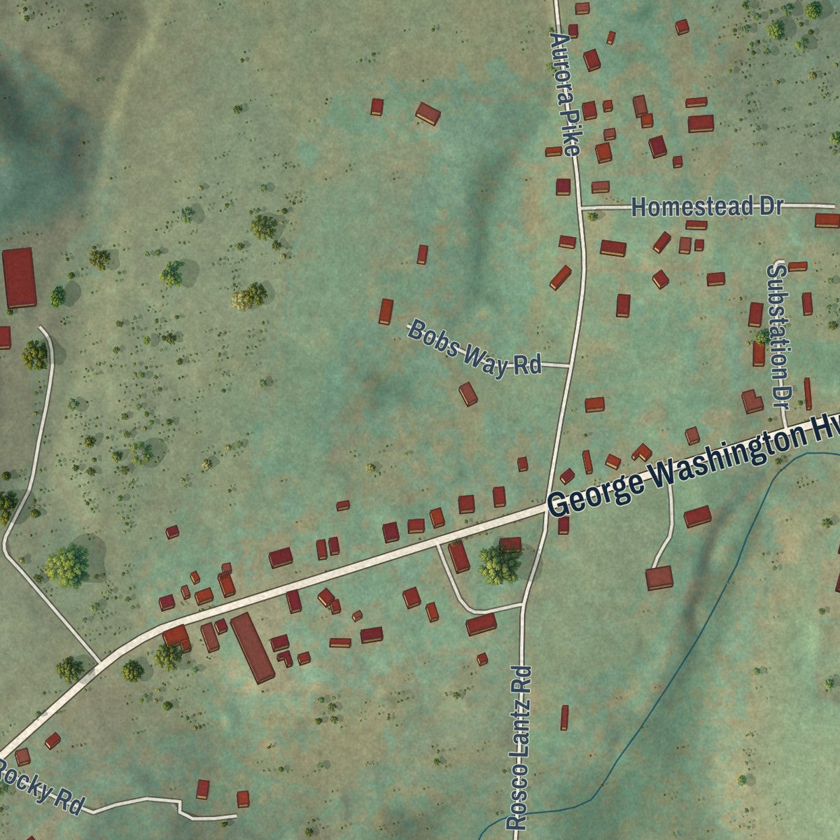 Close-up of the map of Aurora, West Virginia print showing street and building detail
