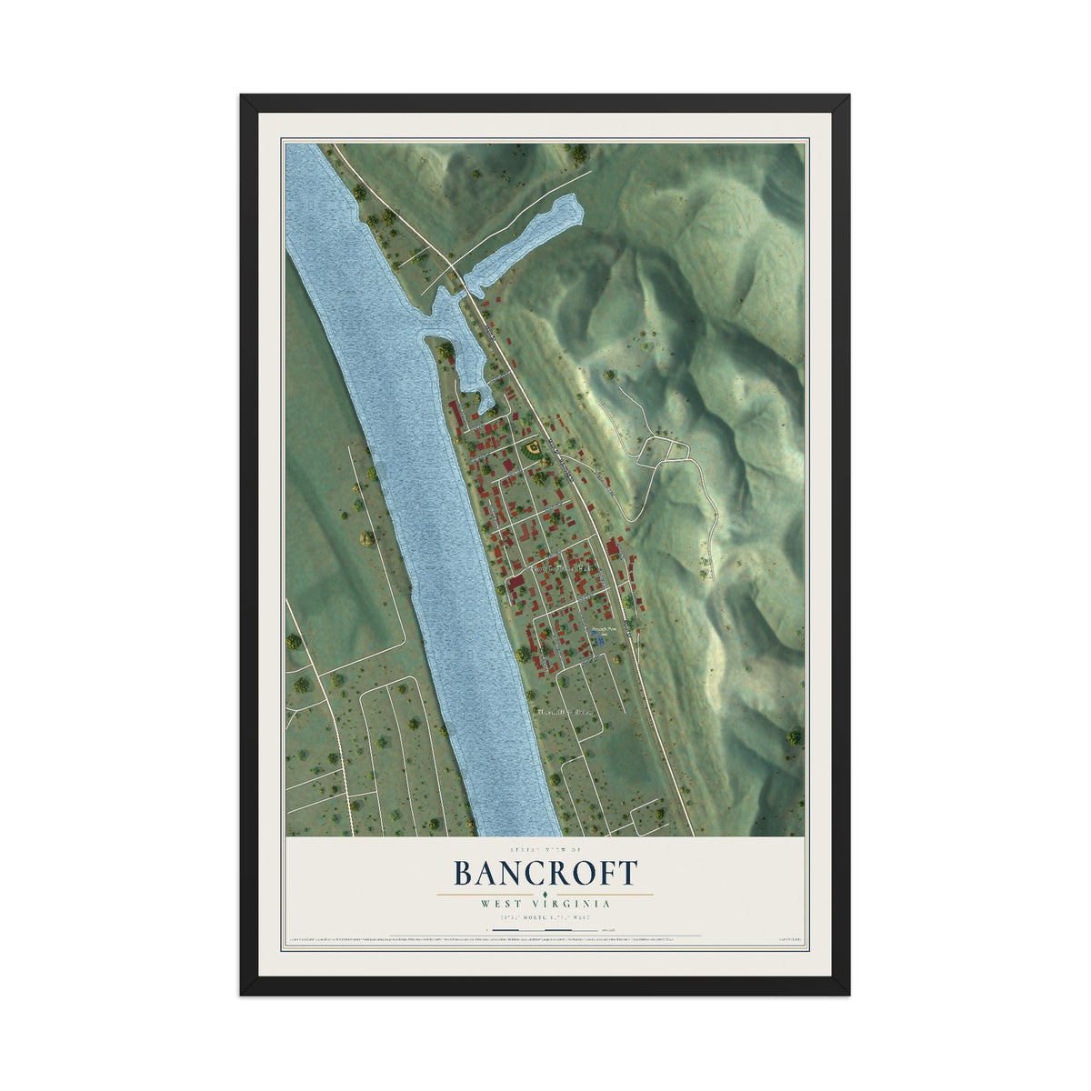 Map of Bancroft, West Virginia, 12 x 18 inch print in a black wood frame
