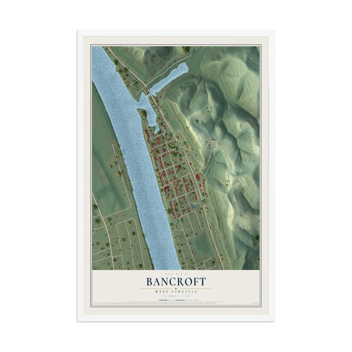 Map of Bancroft, West Virginia, 12 x 18 inch print in a white wood frame