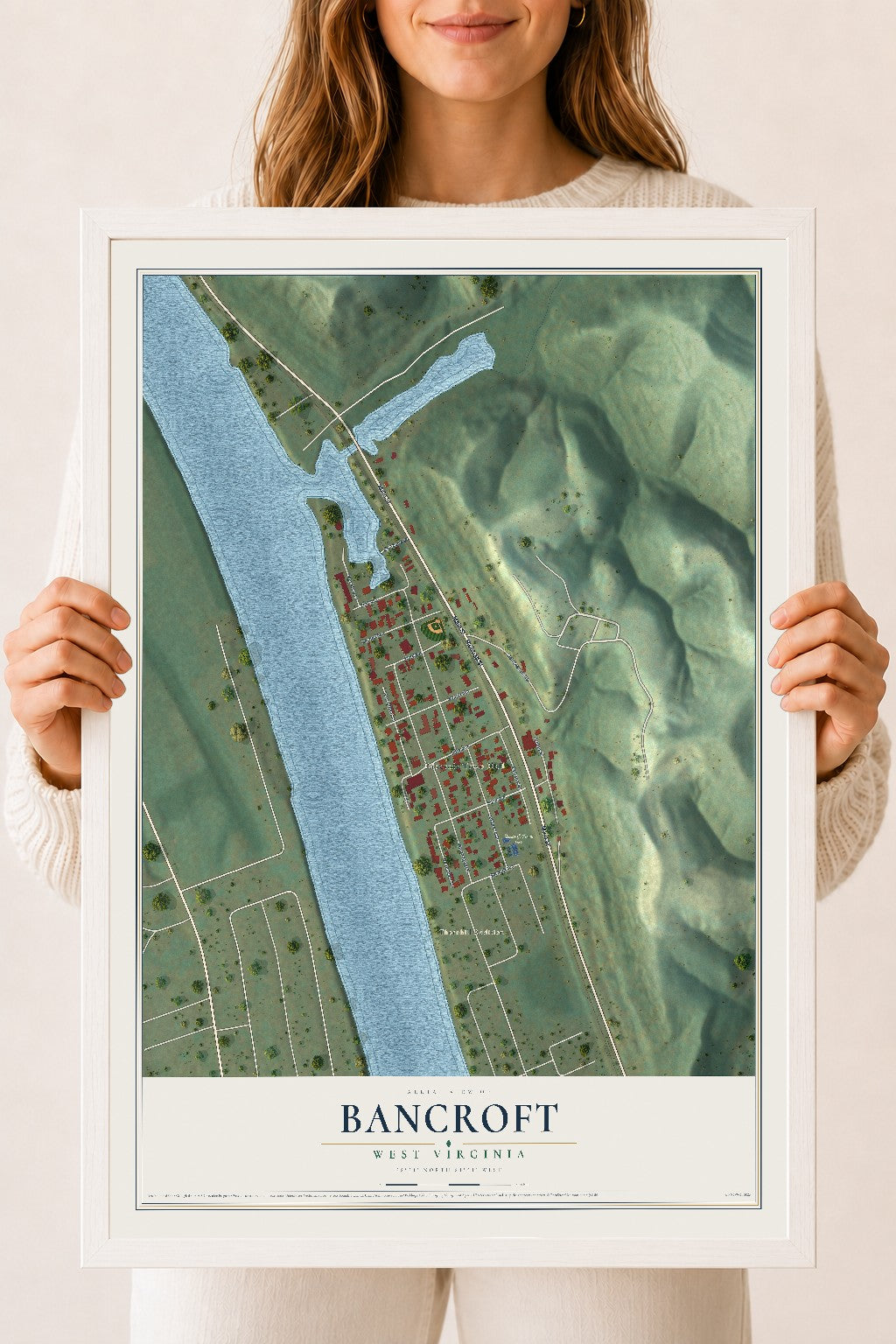 Map of Bancroft, West Virginia, 18 x 24 inch print in a white wood frame