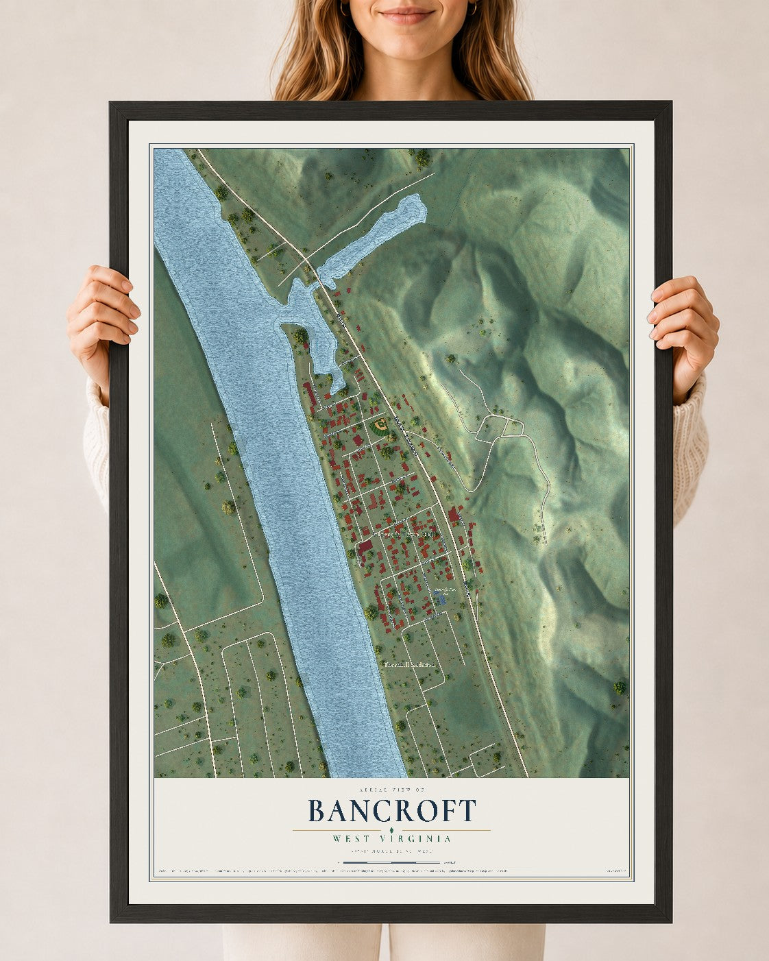 Map of Bancroft, West Virginia, 24 x 36 inch print in a black wood frame