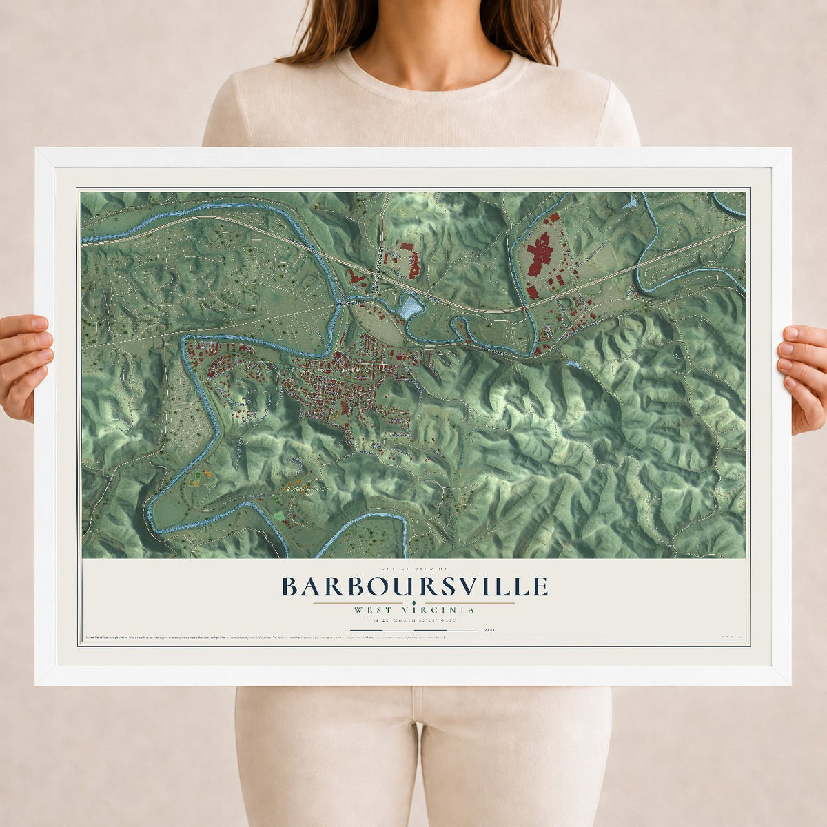 Map of Barboursville, West Virginia, 18 x 24 inch print in a white wood frame