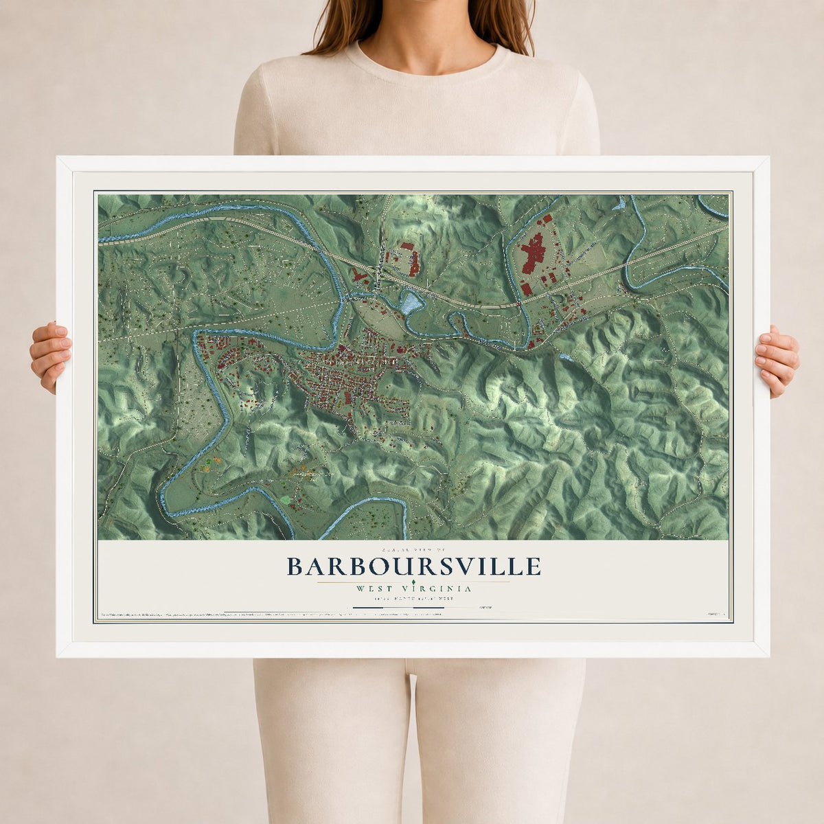 Map of Barboursville, West Virginia, 24 x 36 inch print in a white wood frame