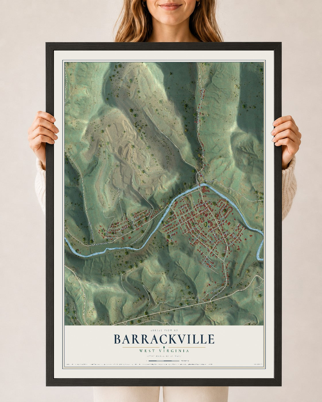 Map of Barrackville, West Virginia, 24 x 36 inch print in a black wood frame