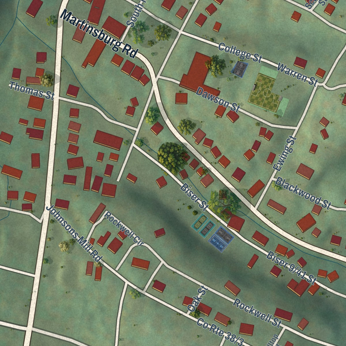 Close-up of the map of Bath (Berkeley Springs), West Virginia print showing street and building detail