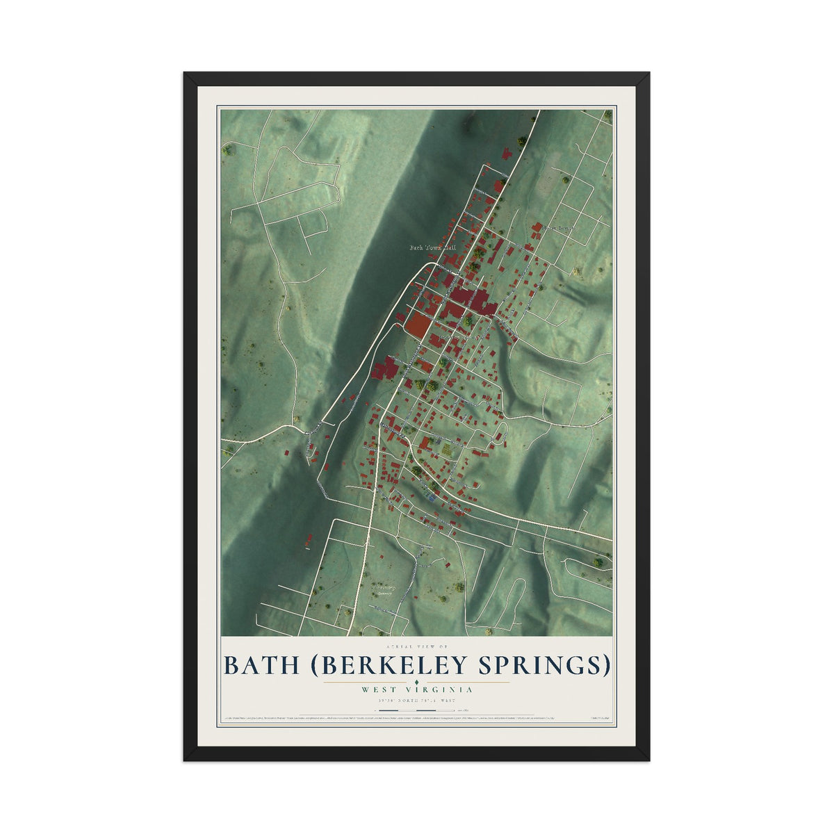 Map of Bath (Berkeley Springs), West Virginia, 12 x 18 inch print in a black wood frame