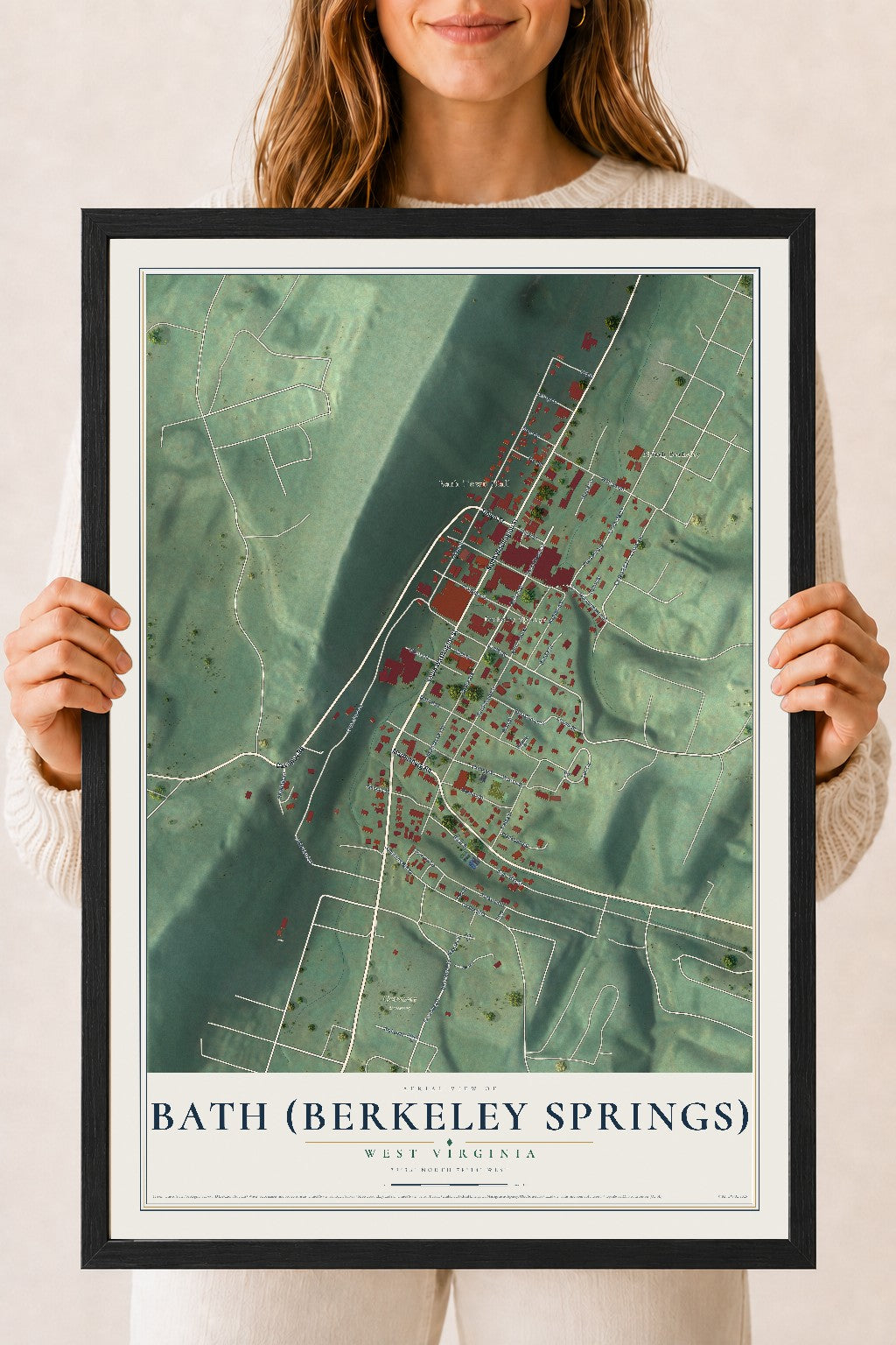 Map of Bath (Berkeley Springs), West Virginia, 18 x 24 inch print in a black wood frame
