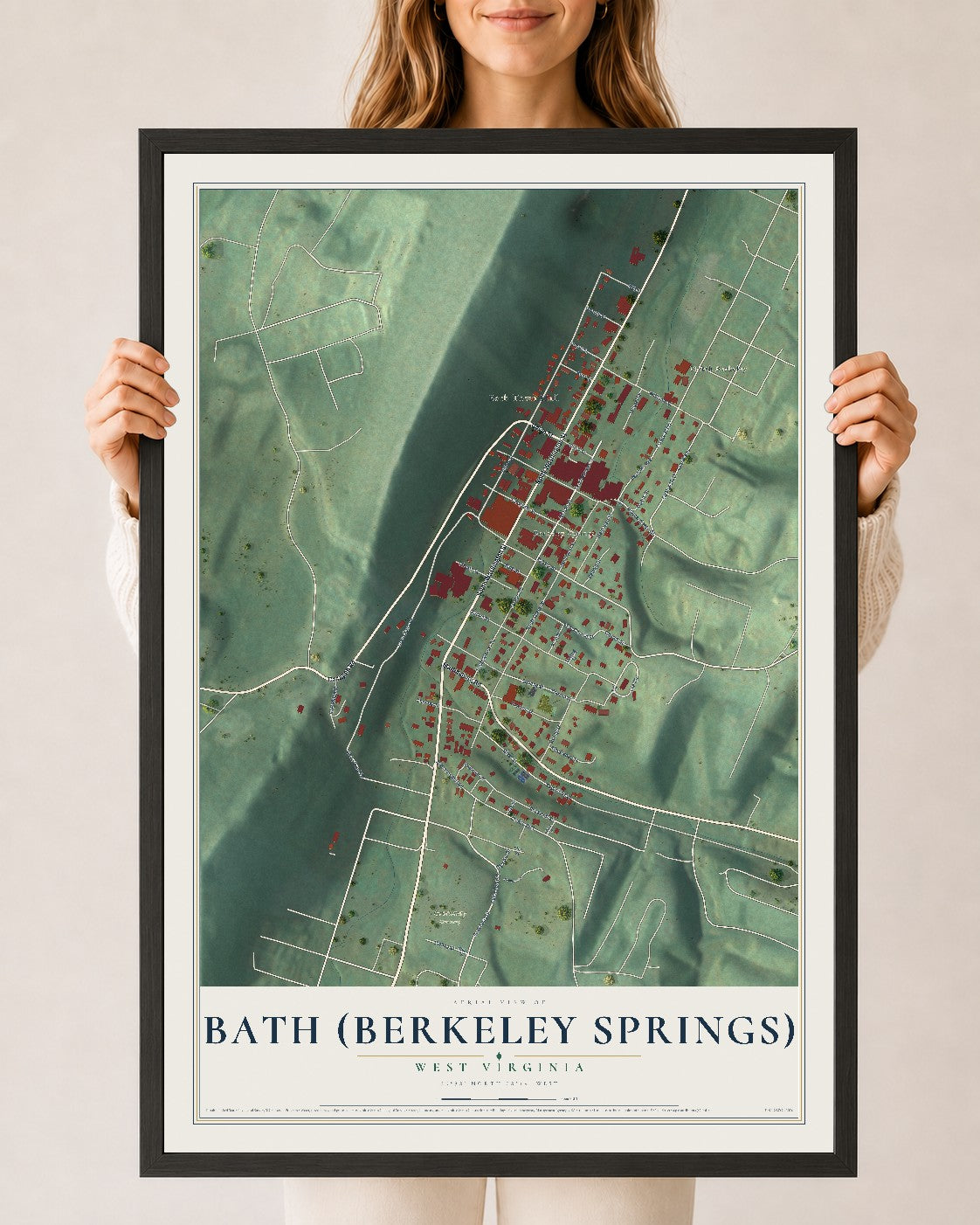 Map of Bath (Berkeley Springs), West Virginia, 24 x 36 inch print in a black wood frame