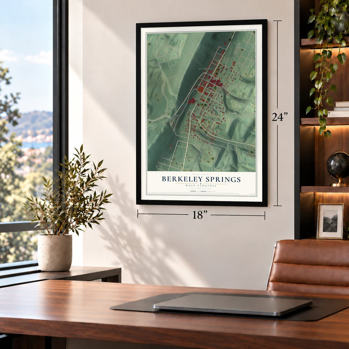 Berkeley Springs, West Virginia map, 18 x 24 inch print in a black frame in a home office