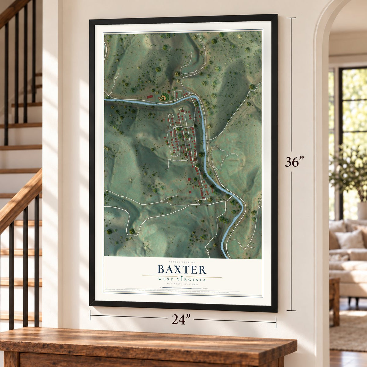Baxter, West Virginia map, 24 x 36 inch print in a black frame by a staircase