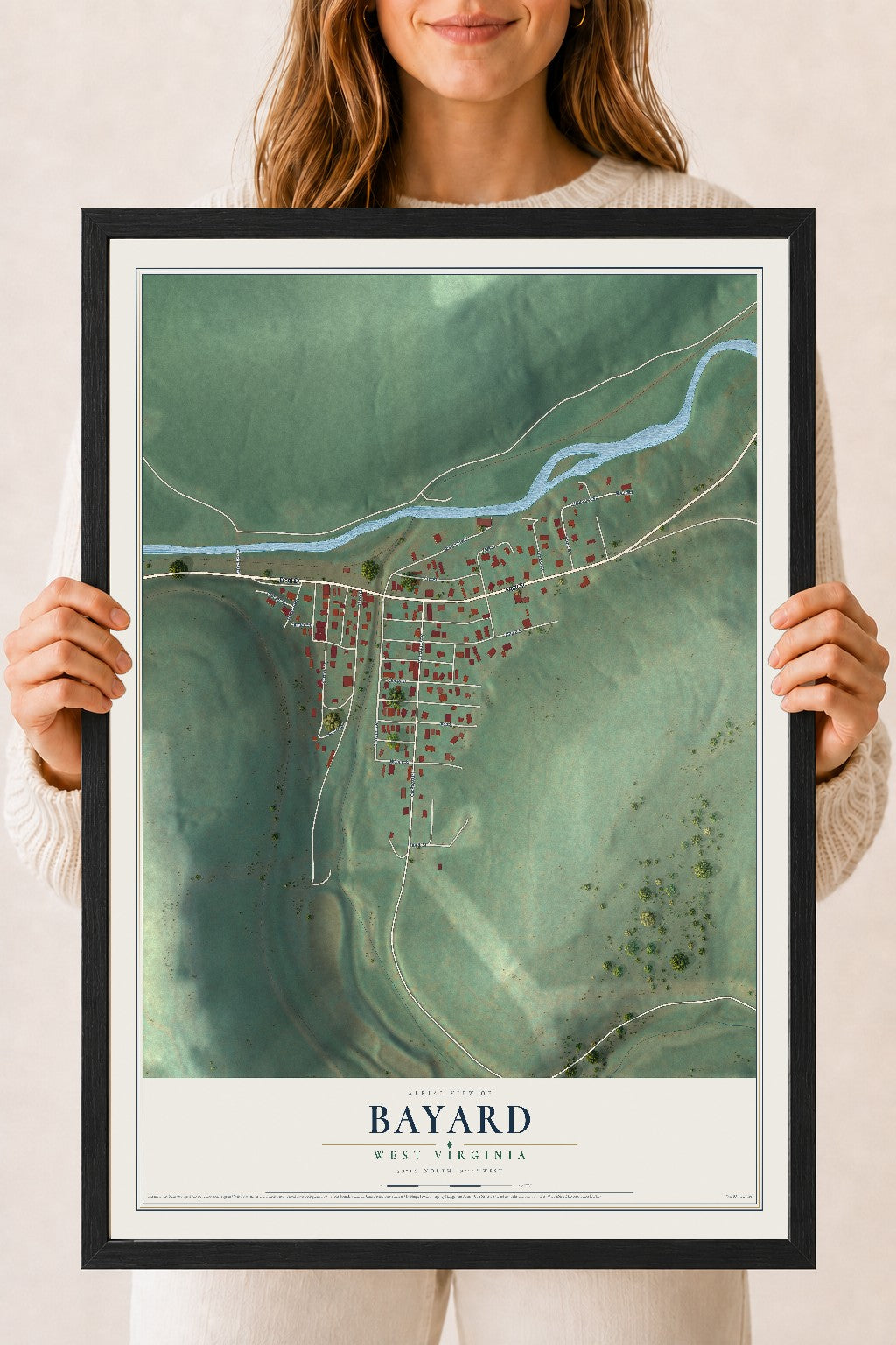 Map of Bayard, West Virginia, 18 x 24 inch print in a black wood frame