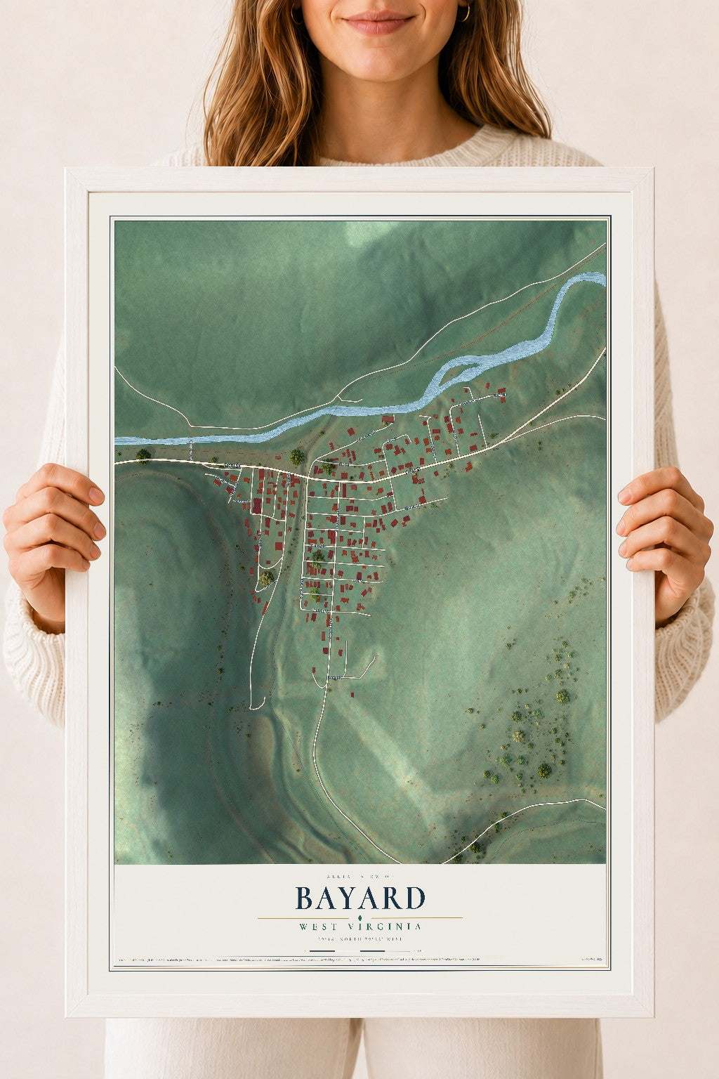 Map of Bayard, West Virginia, 18 x 24 inch print in a white wood frame