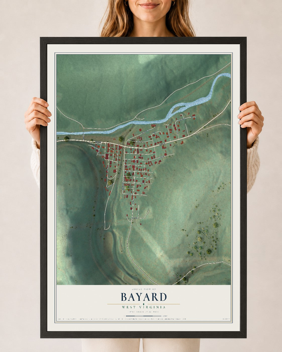 Map of Bayard, West Virginia, 24 x 36 inch print in a black wood frame