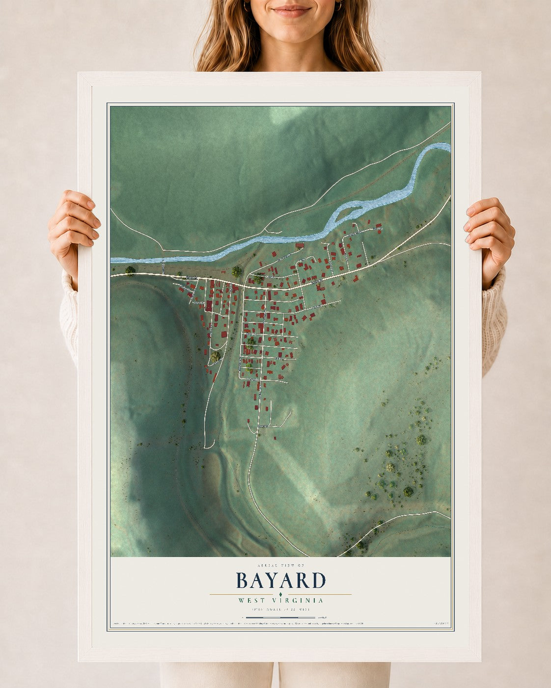 Map of Bayard, West Virginia, 24 x 36 inch print in a white wood frame