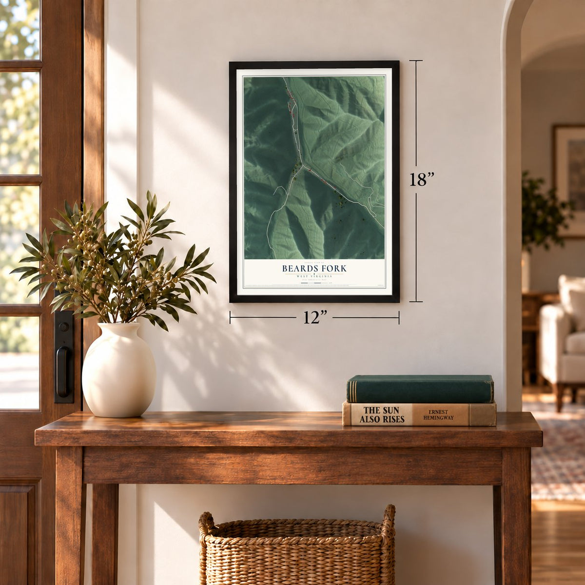 Beards Fork, West Virginia map, 12 x 18 inch print in a black frame in an entryway