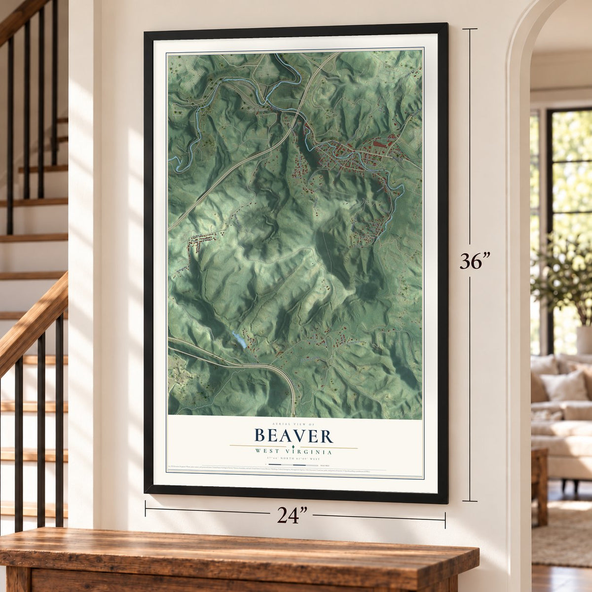 Beaver, West Virginia map, 24 x 36 inch print in a black frame by a staircase