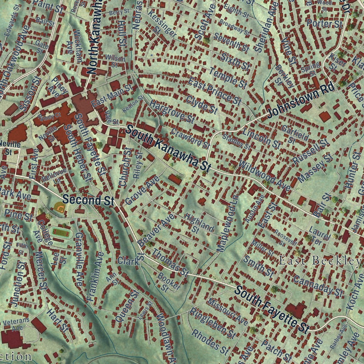 Close-up of the map of Beckley, West Virginia print showing street and building detail