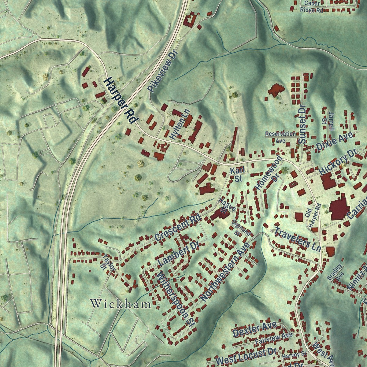 Second close-up of the map of Beckley, West Virginia print showing more streets and buildings