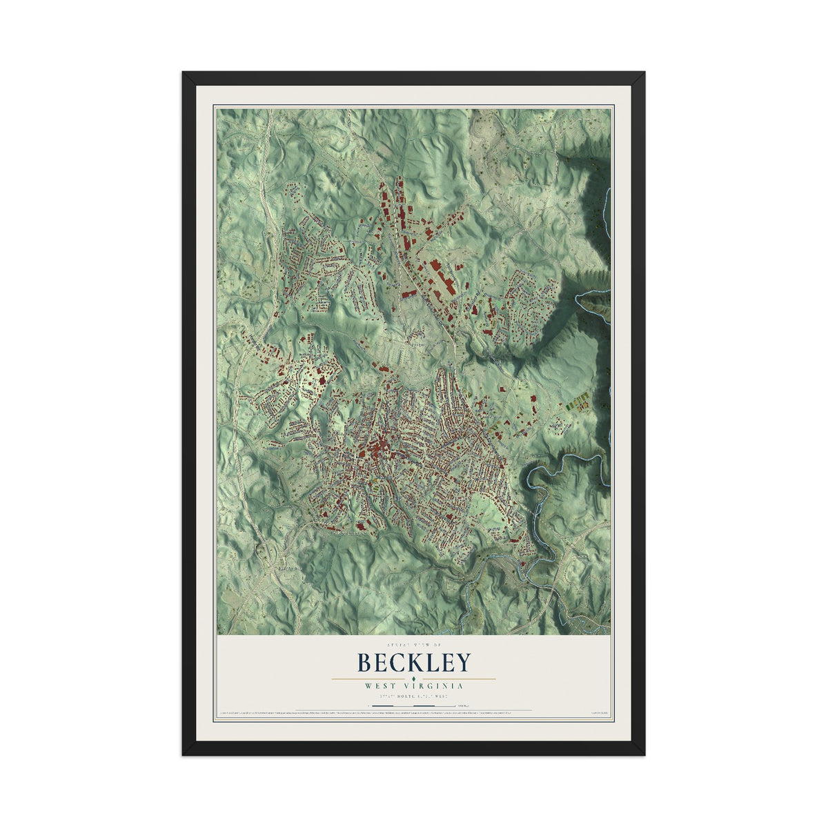 Map of Beckley, West Virginia, 12 x 18 inch print in a black wood frame