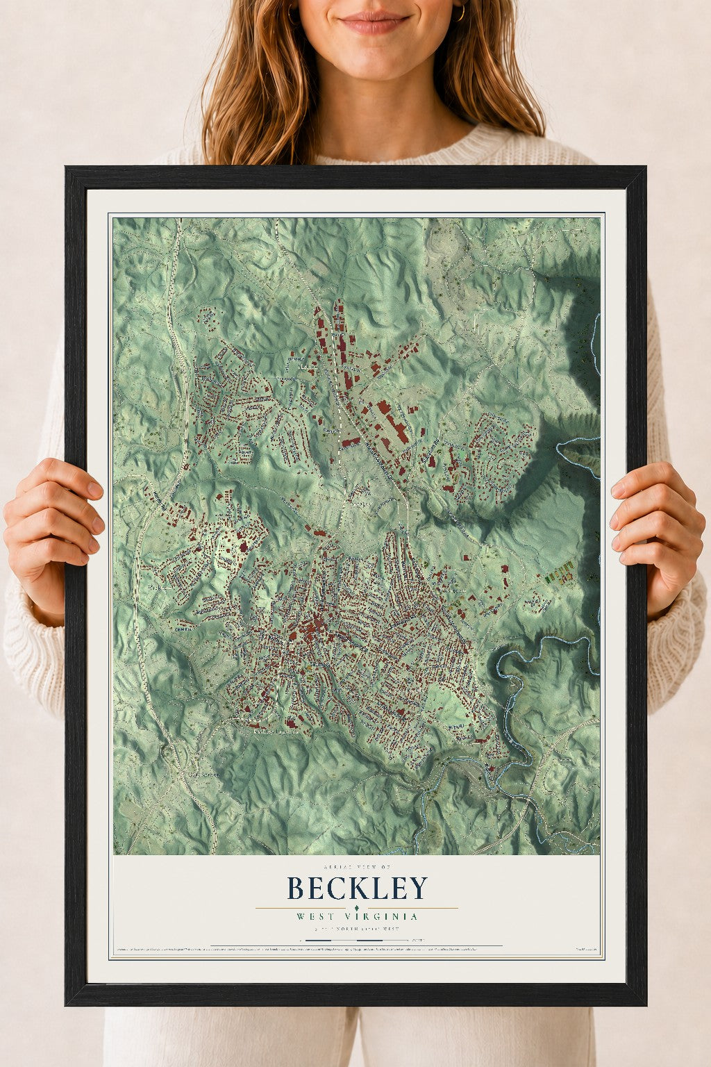 Map of Beckley, West Virginia, 18 x 24 inch print in a black wood frame