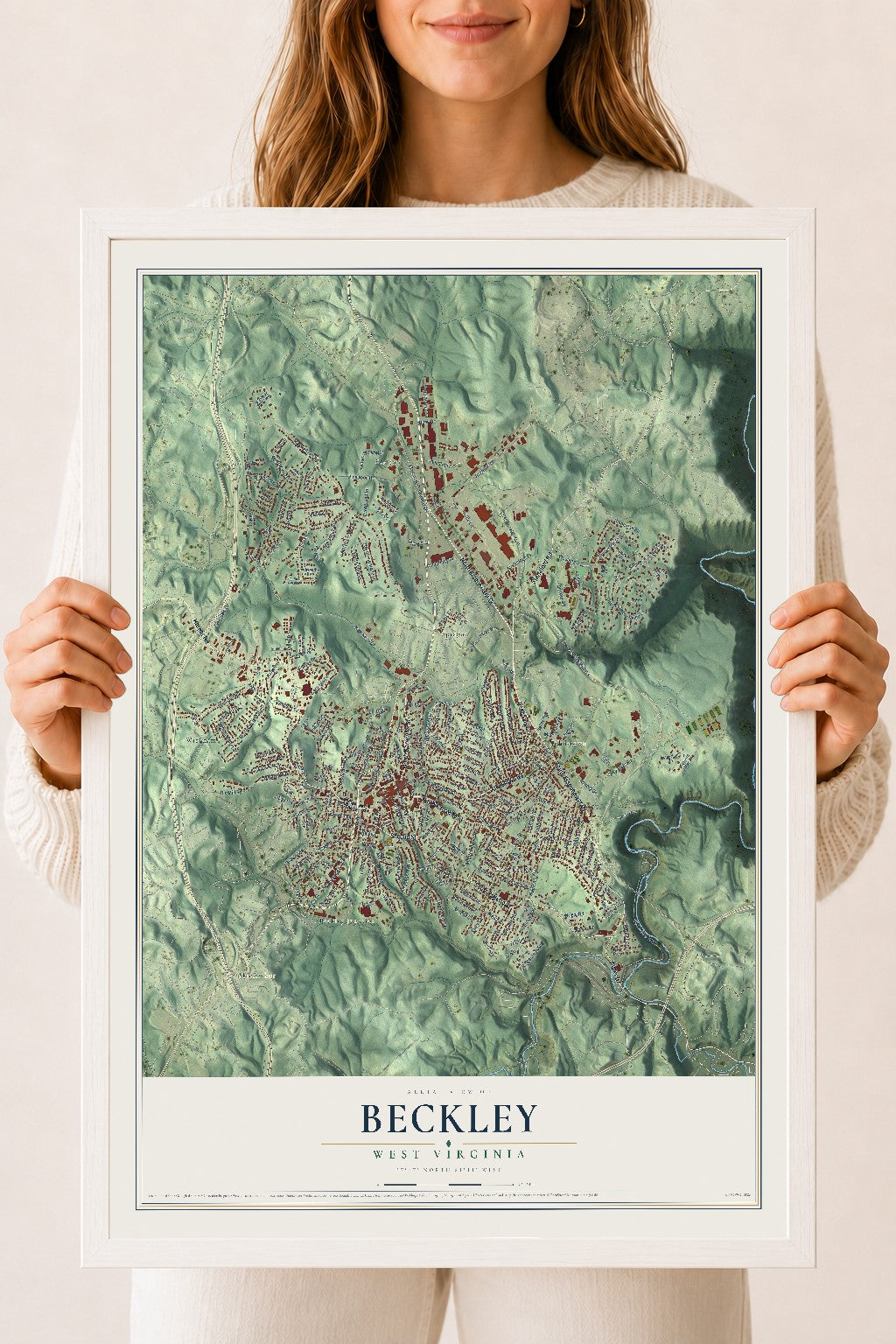 Map of Beckley, West Virginia, 18 x 24 inch print in a white wood frame