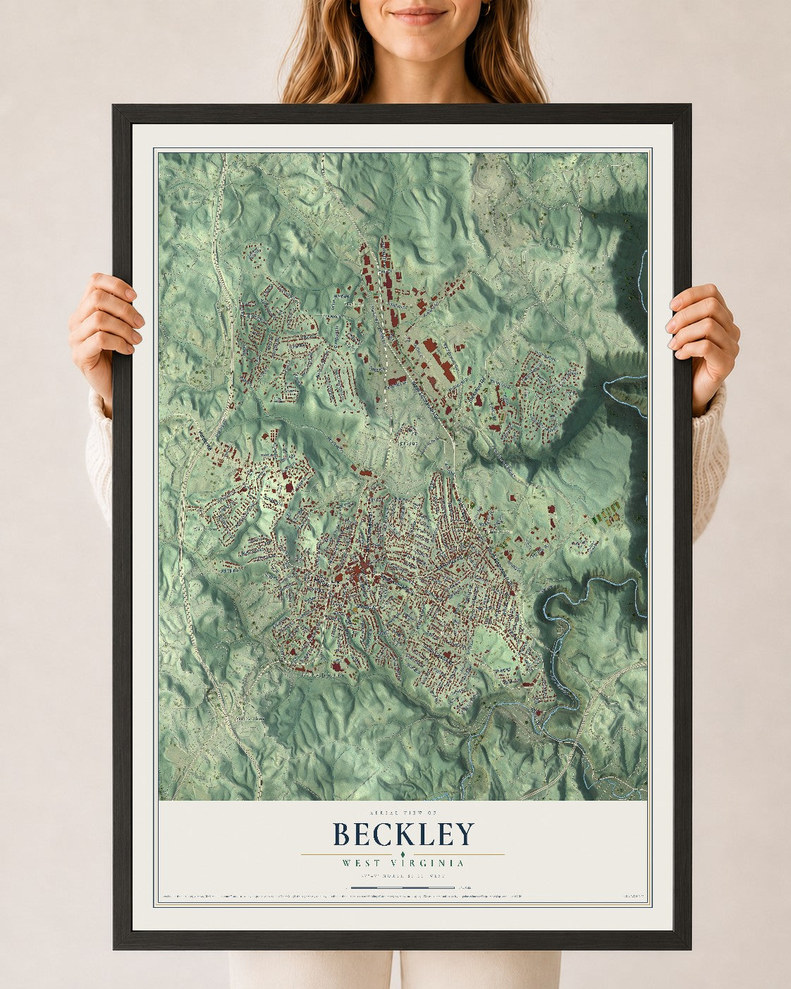 Map of Beckley, West Virginia, 24 x 36 inch print in a black wood frame