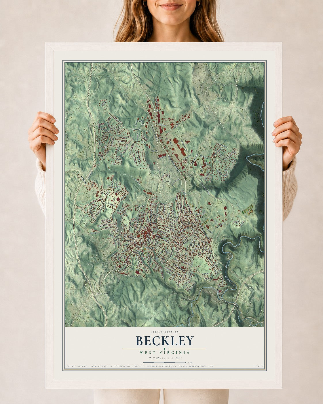 Map of Beckley, West Virginia, 24 x 36 inch print in a white wood frame