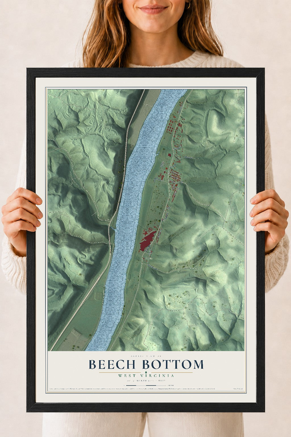 Map of Beech Bottom, West Virginia, 18 x 24 inch print in a black wood frame