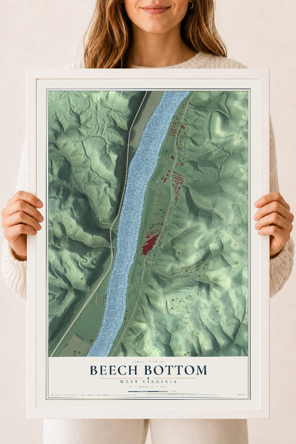 Map of Beech Bottom, West Virginia, 18 x 24 inch print in a white wood frame