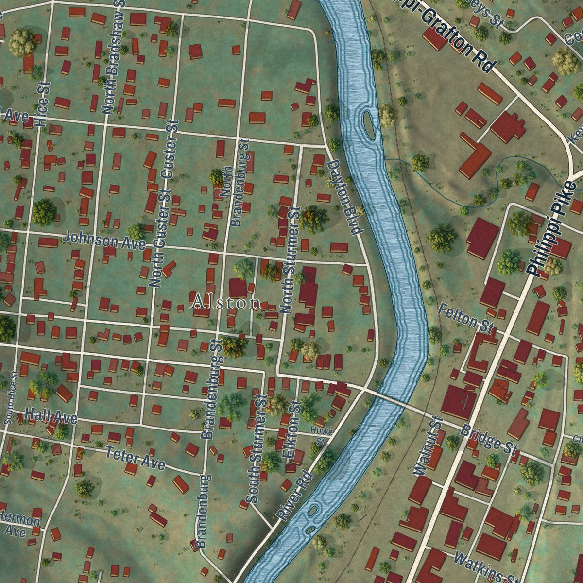 Close-up of the map of Belington, West Virginia print showing street and building detail