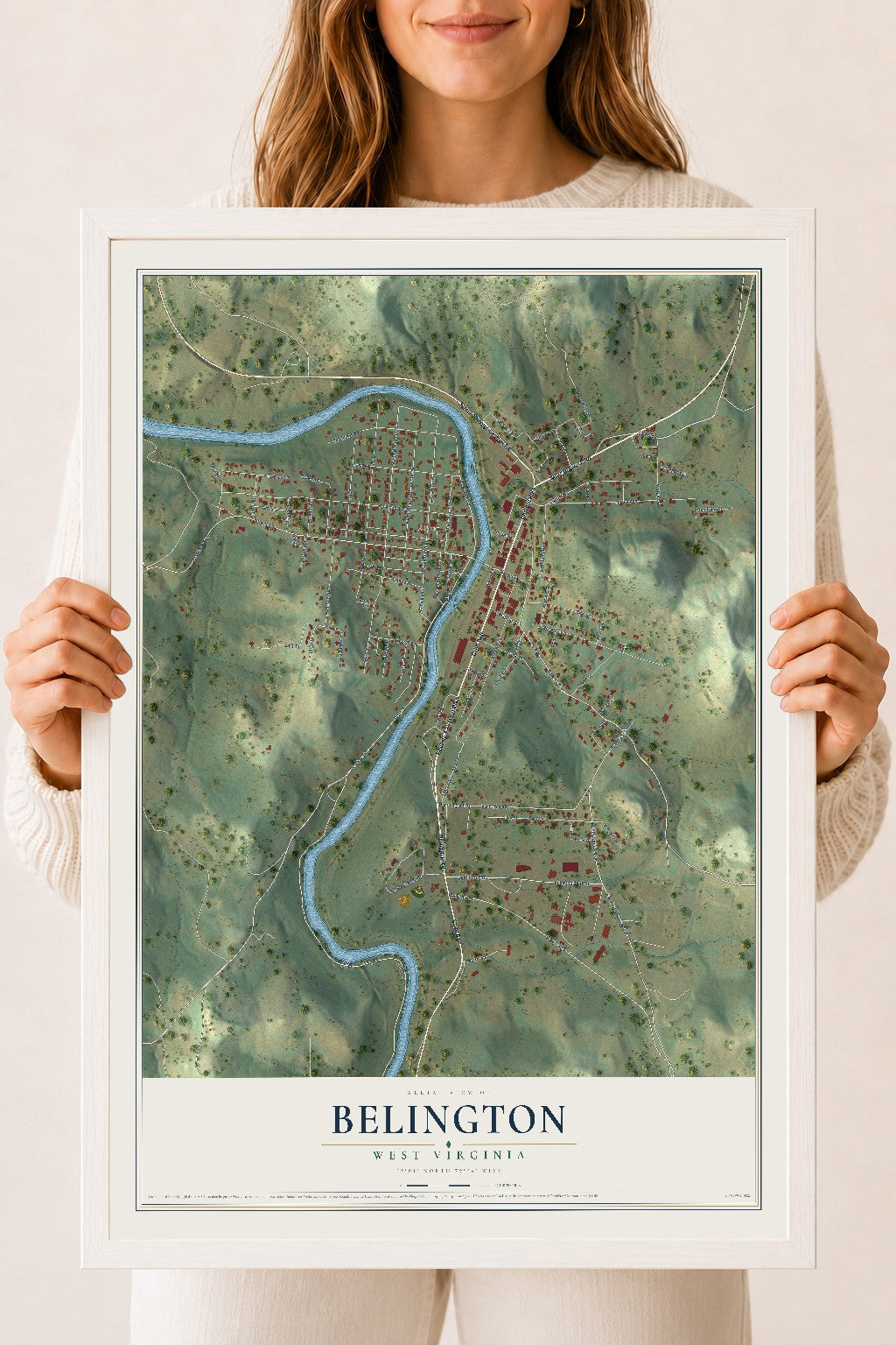 Map of Belington, West Virginia, 18 x 24 inch print in a white wood frame