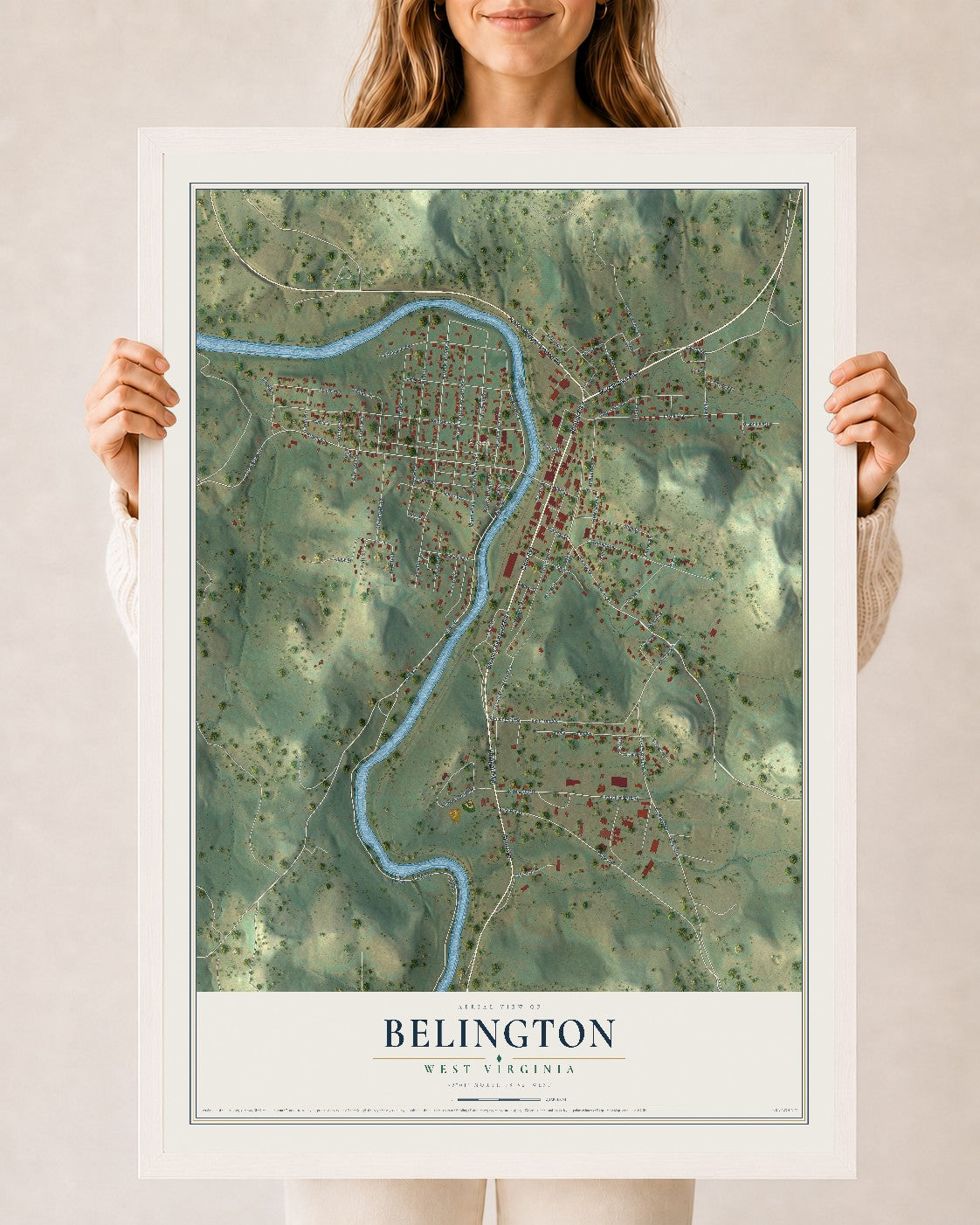 Map of Belington, West Virginia, 24 x 36 inch print in a white wood frame