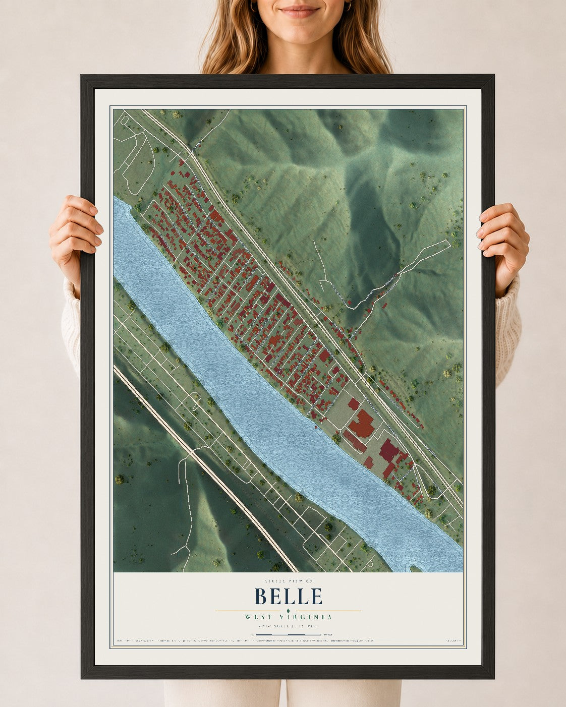 Map of Belle, West Virginia, 24 x 36 inch print in a black wood frame