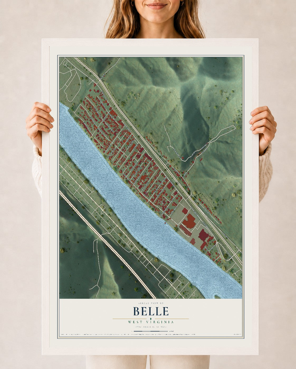 Map of Belle, West Virginia, 24 x 36 inch print in a white wood frame