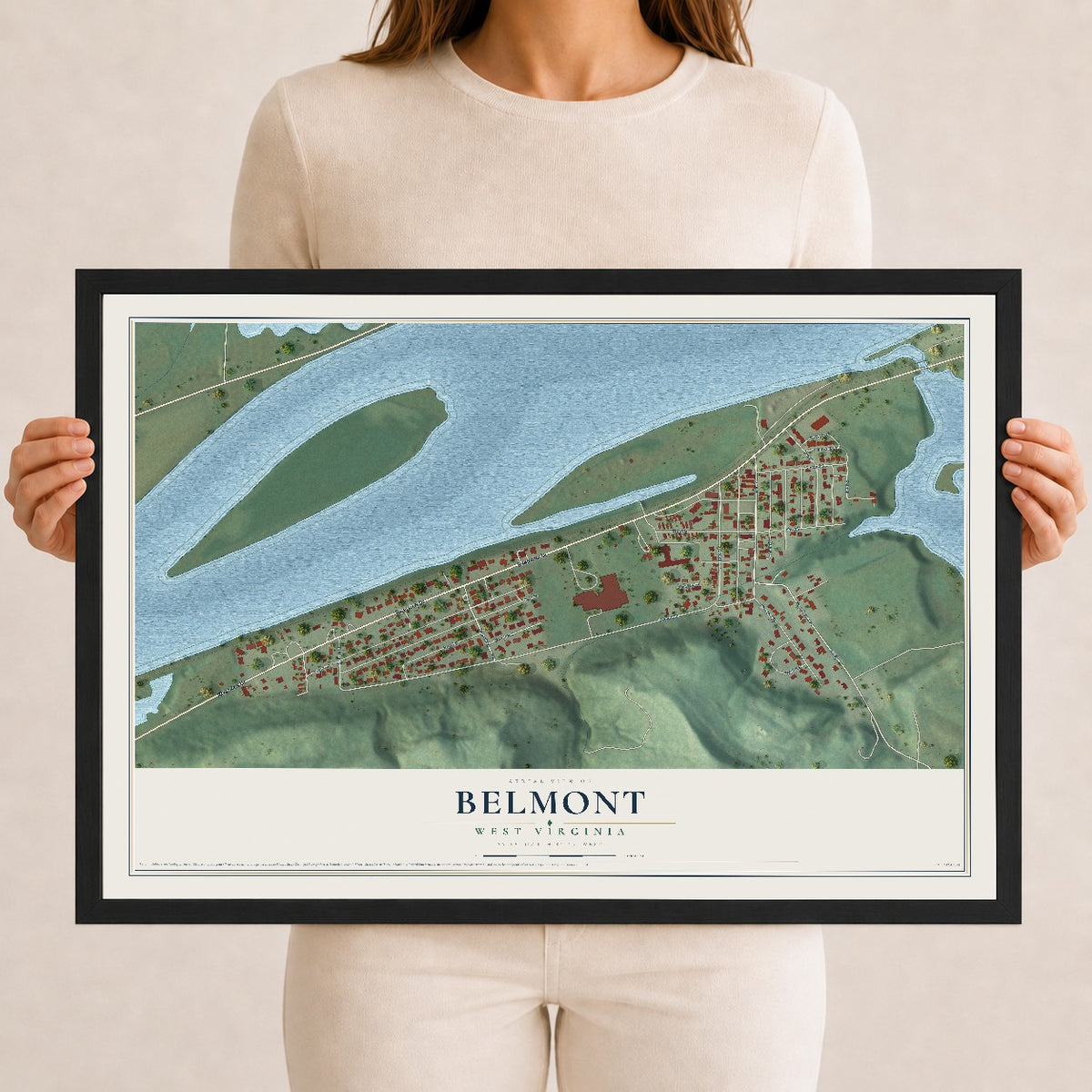 Map of Belmont, West Virginia, 12 x 18 inch print in a black wood frame
