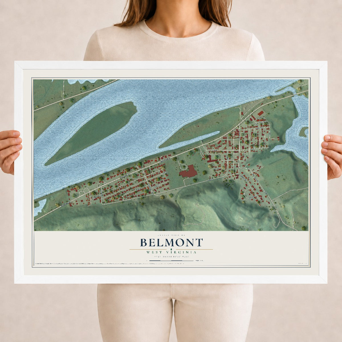 Map of Belmont, West Virginia, 18 x 24 inch print in a white wood frame