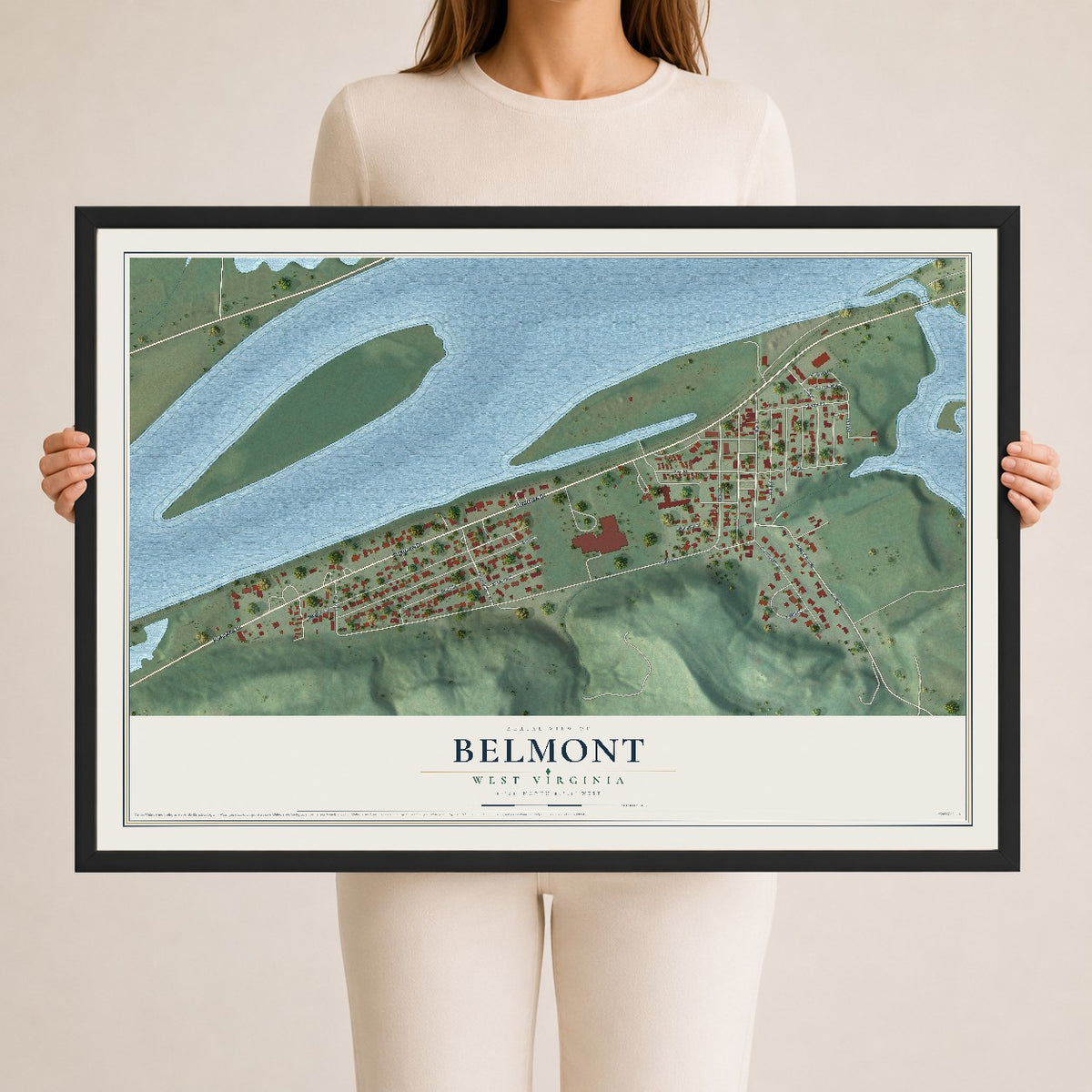Map of Belmont, West Virginia, 24 x 36 inch print in a black wood frame