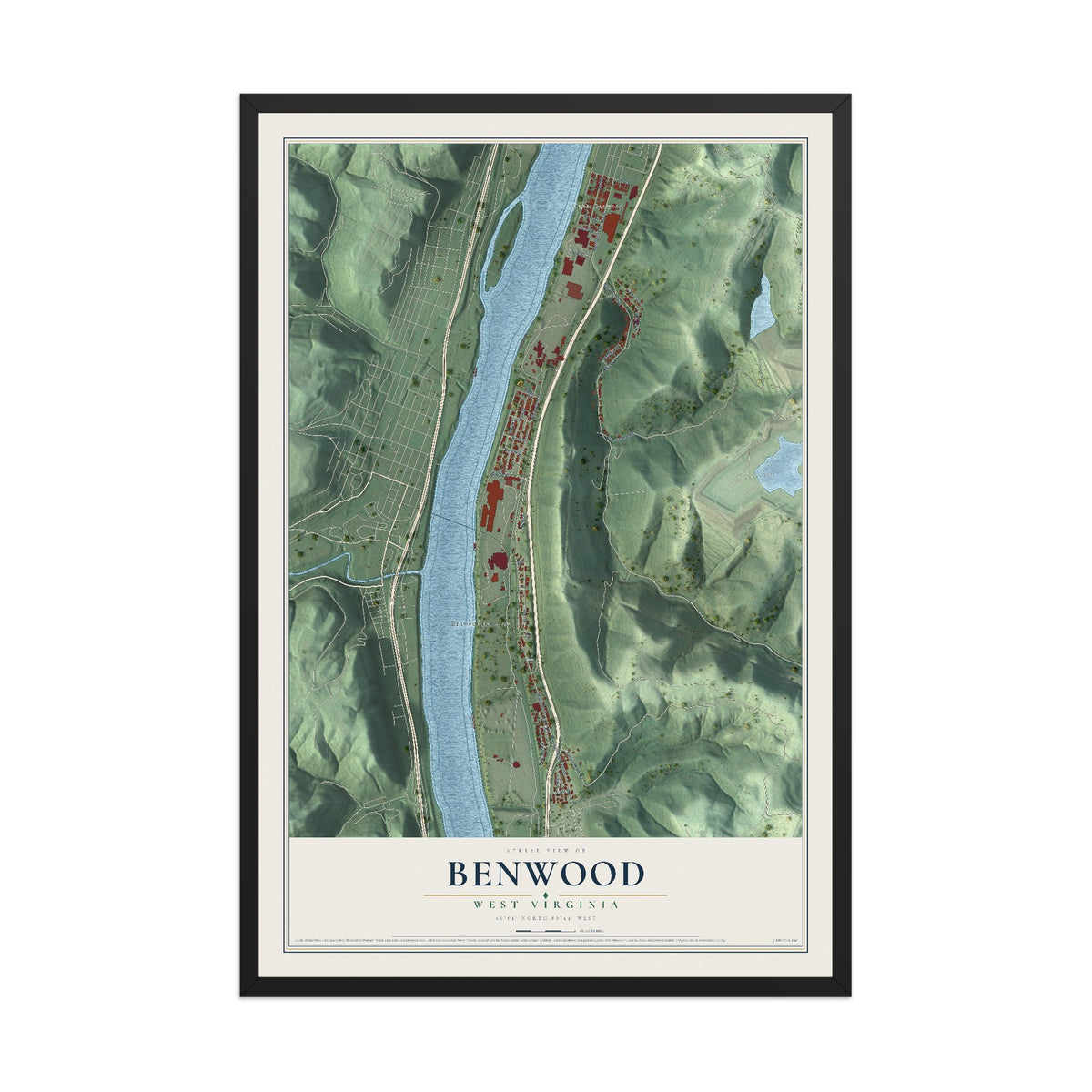 Map of Benwood, West Virginia, 12 x 18 inch print in a black wood frame