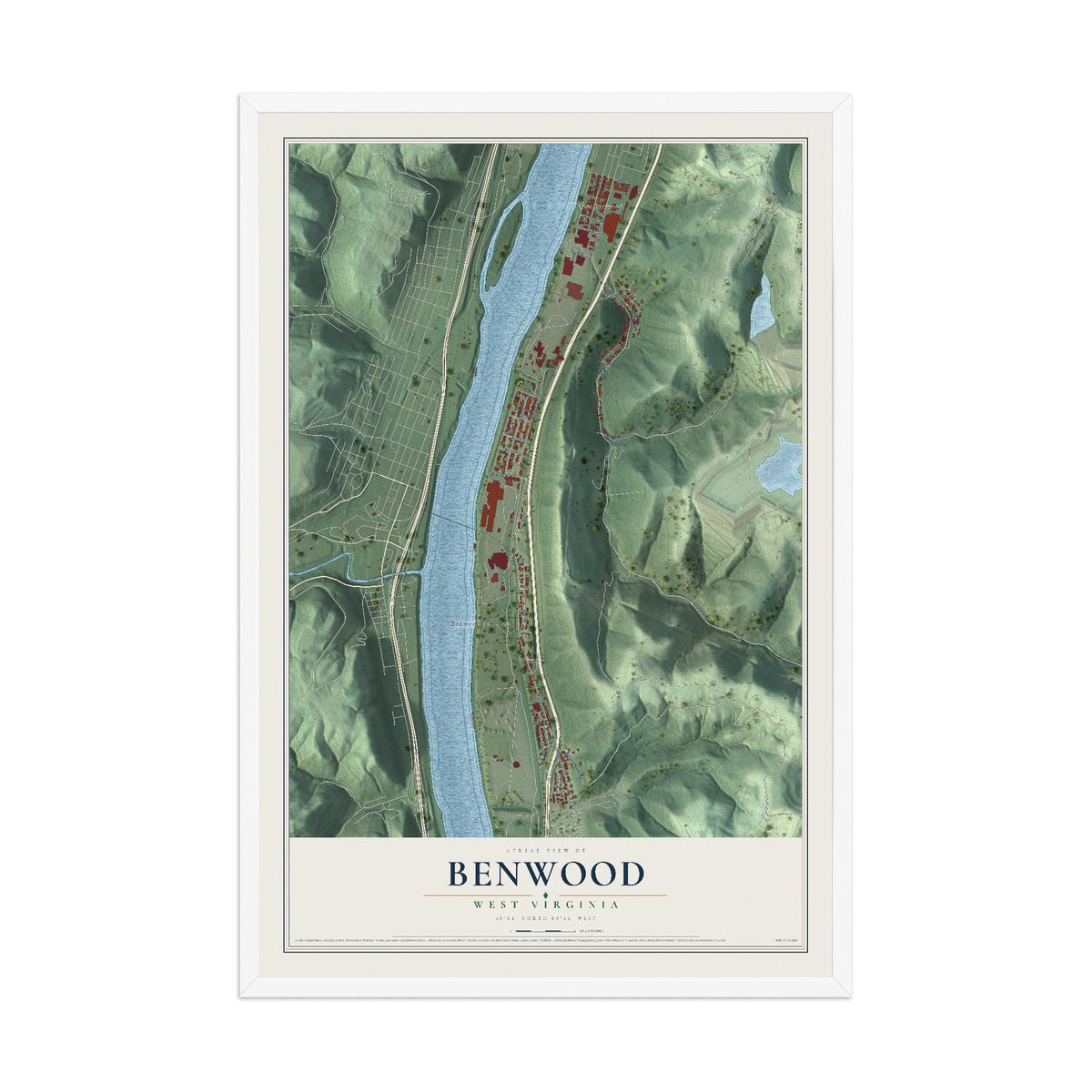 Map of Benwood, West Virginia, 12 x 18 inch print in a white wood frame