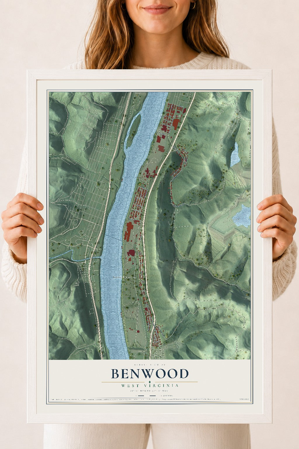 Map of Benwood, West Virginia, 18 x 24 inch print in a white wood frame
