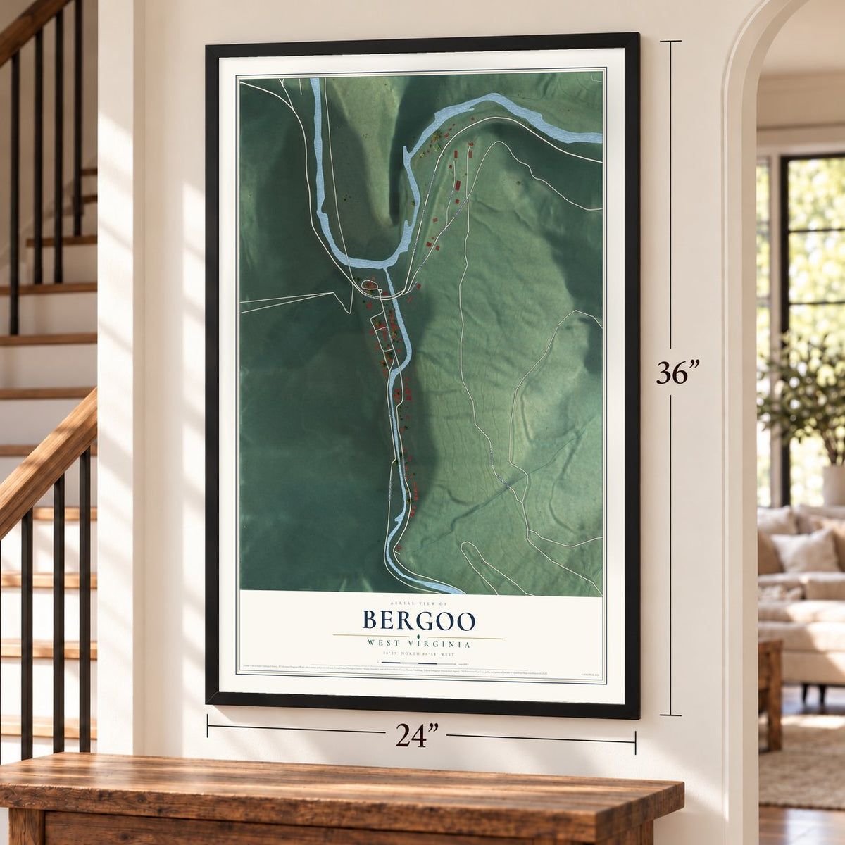 Bergoo, West Virginia map, 24 x 36 inch print in a black frame by a staircase