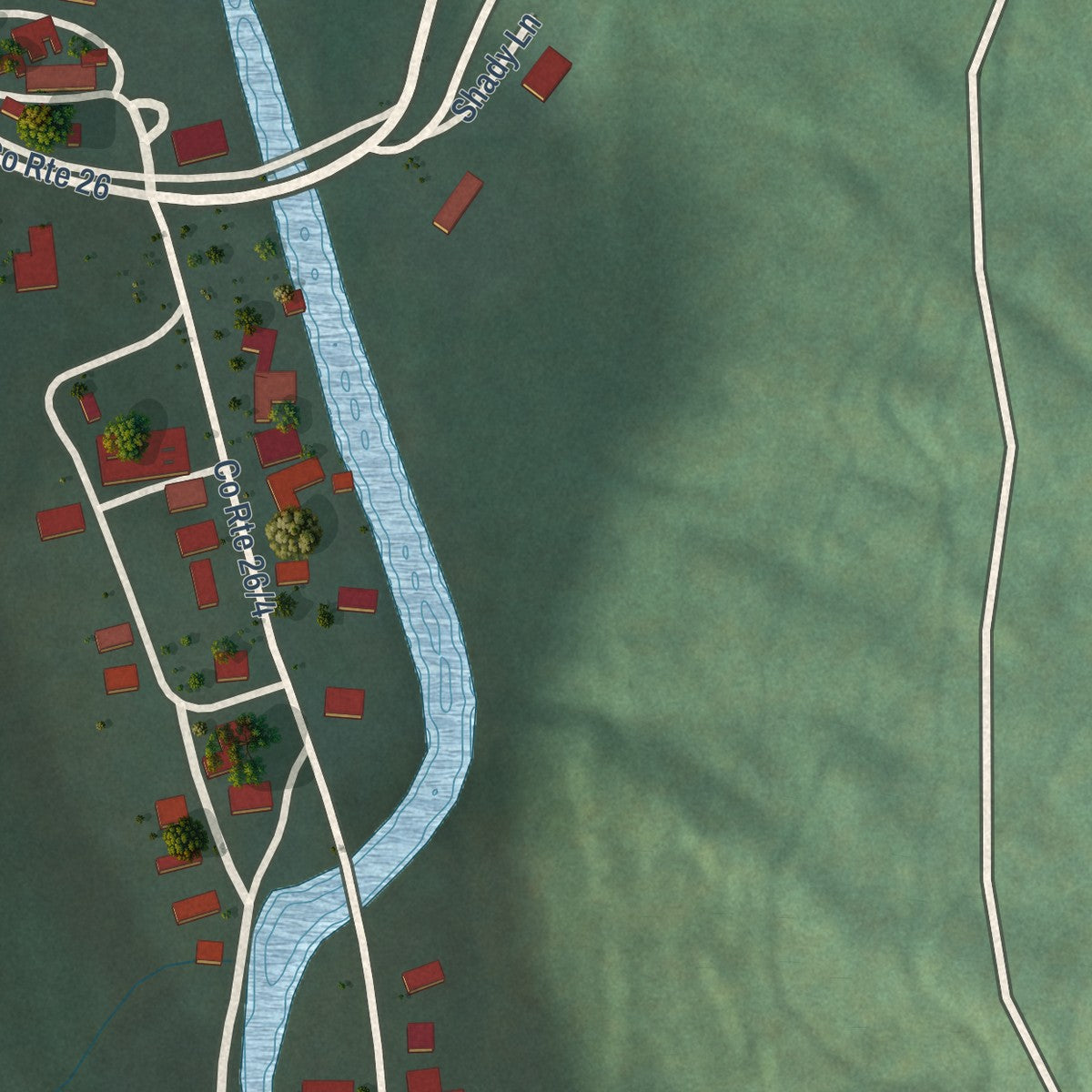 Close-up of the map of Bergoo, West Virginia print showing street and building detail