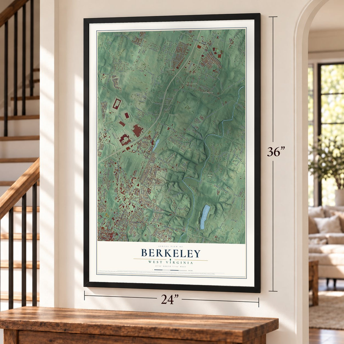 Berkeley, West Virginia map, 24 x 36 inch print in a black frame by a staircase