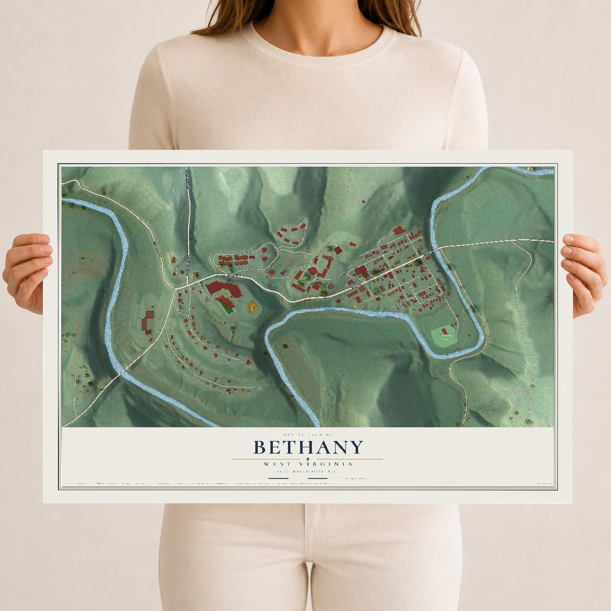 Map of Bethany, West Virginia, 12 x 18 inch unframed archival matte print